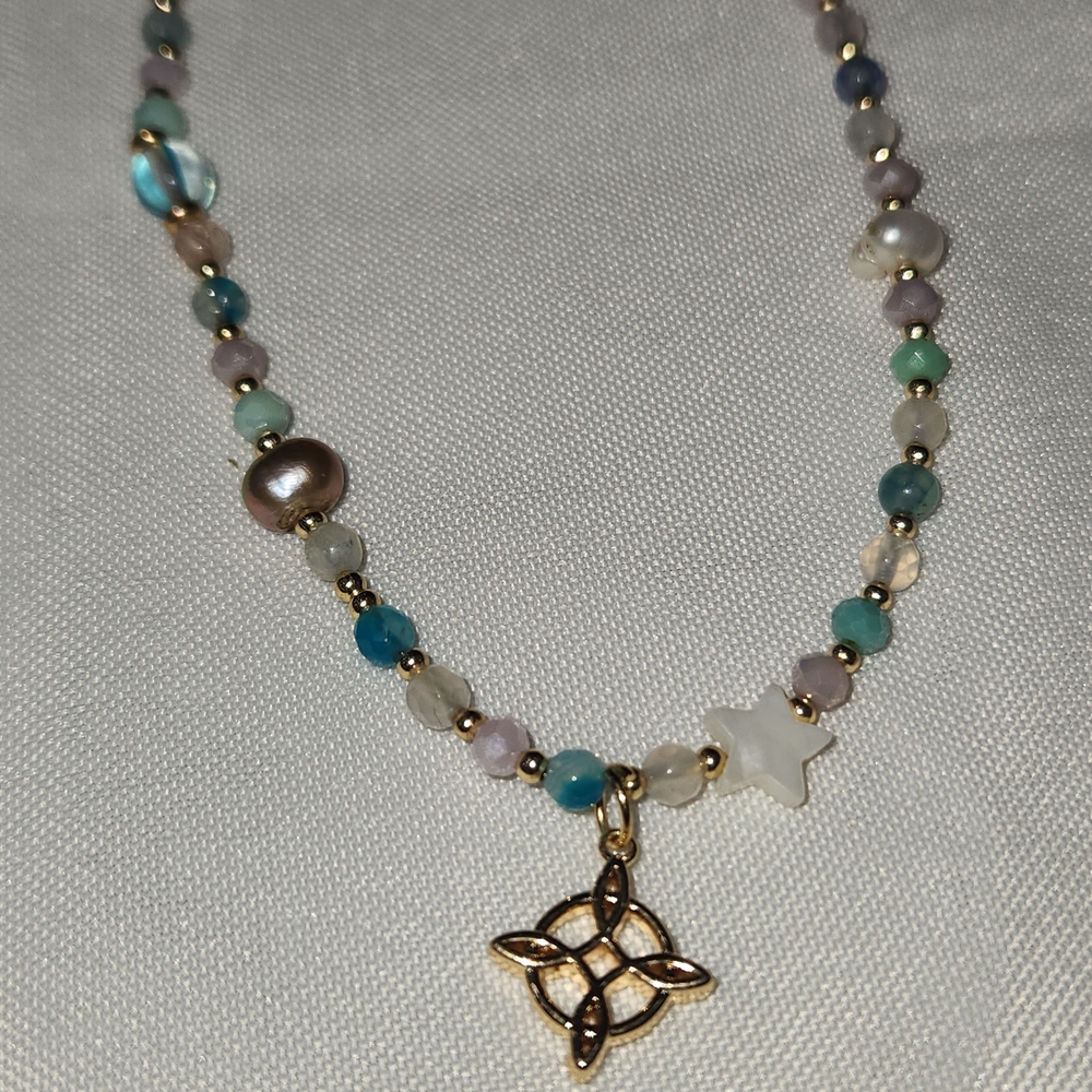 Elegant Multicolor Beaded Necklace with Plated Gold Pendant and Freshwater Pearl